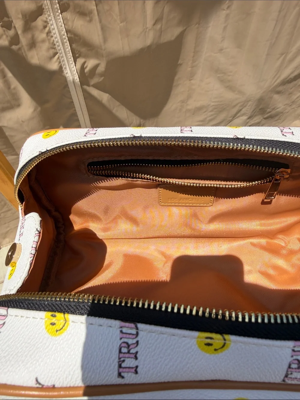 TRULY White Cosmetic Pouch with Yellow Smiley Print